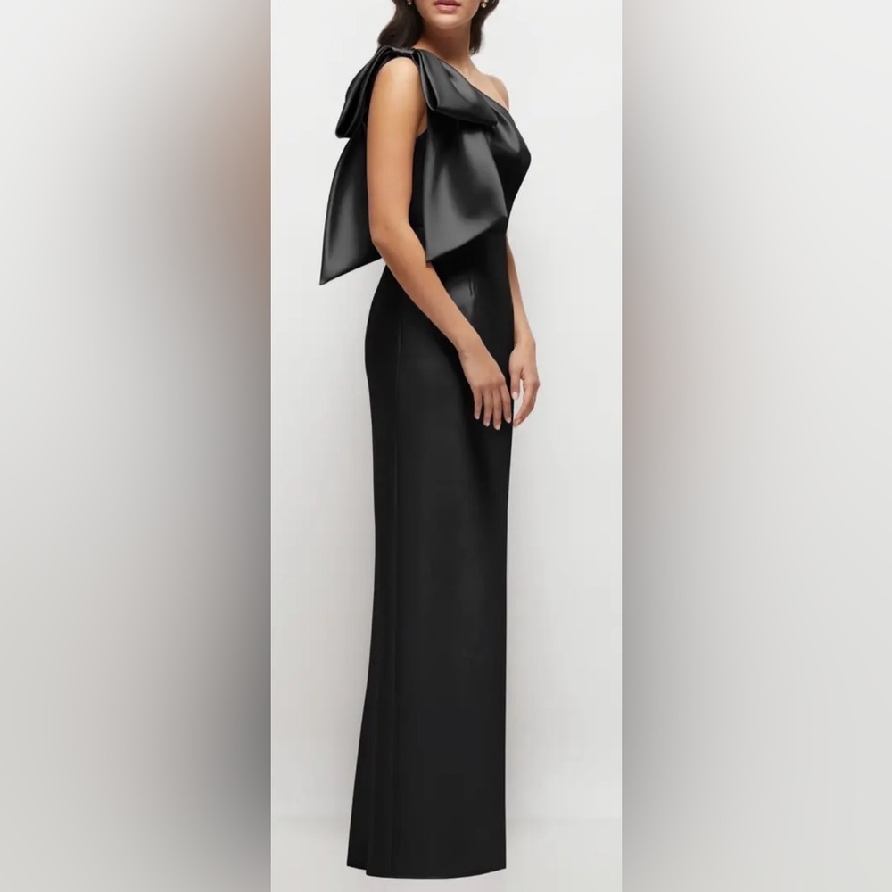 NEW Alfred Sung Bow Detail One-Shoulder Satin Twill Column Black Gown Sz 4 - Picture 2 of 7